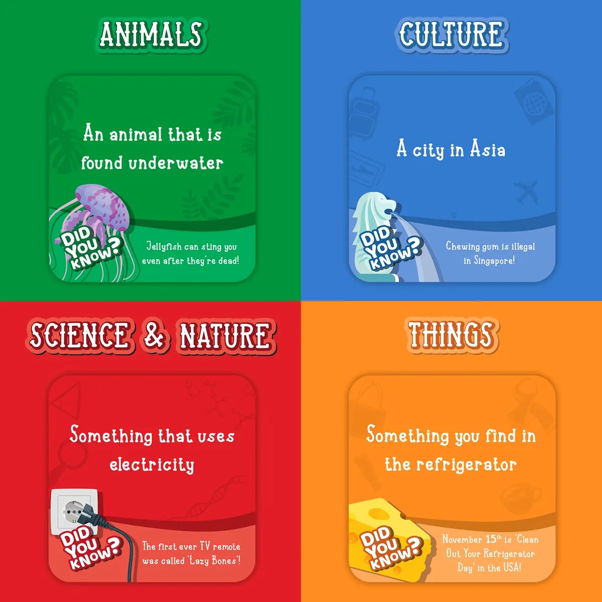 Four Rapid Rumble category cards: Animals, Culture, Science & Nature and Things