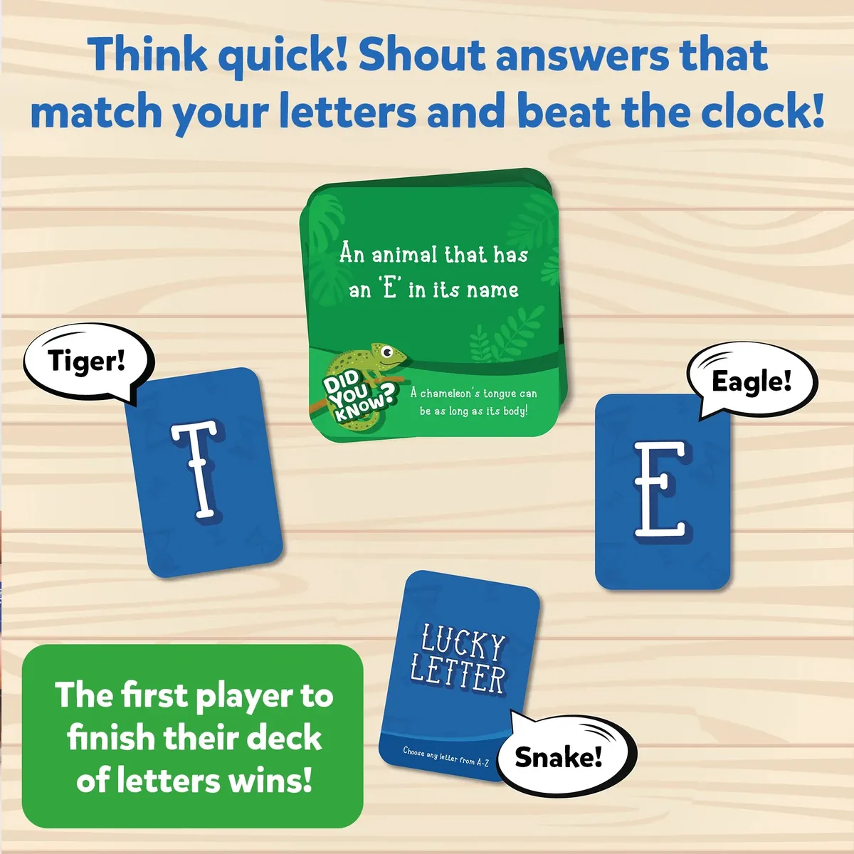 Skillmatics' how-to-play picture: shout answers that match your letter cards; the first player to finish their letters wins