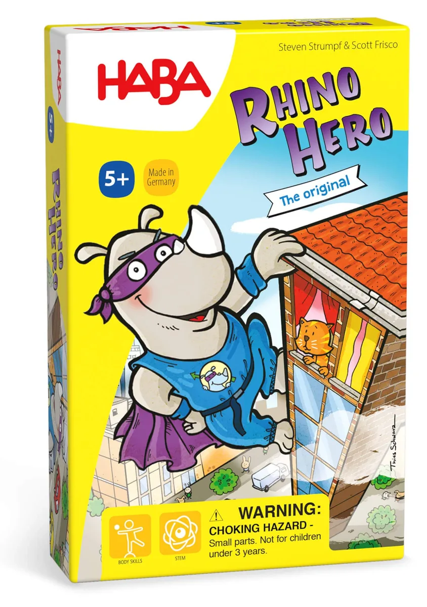 Front of the yellow HABA Rhino Hero box, with the caped Rhino Hero climbing a card tower