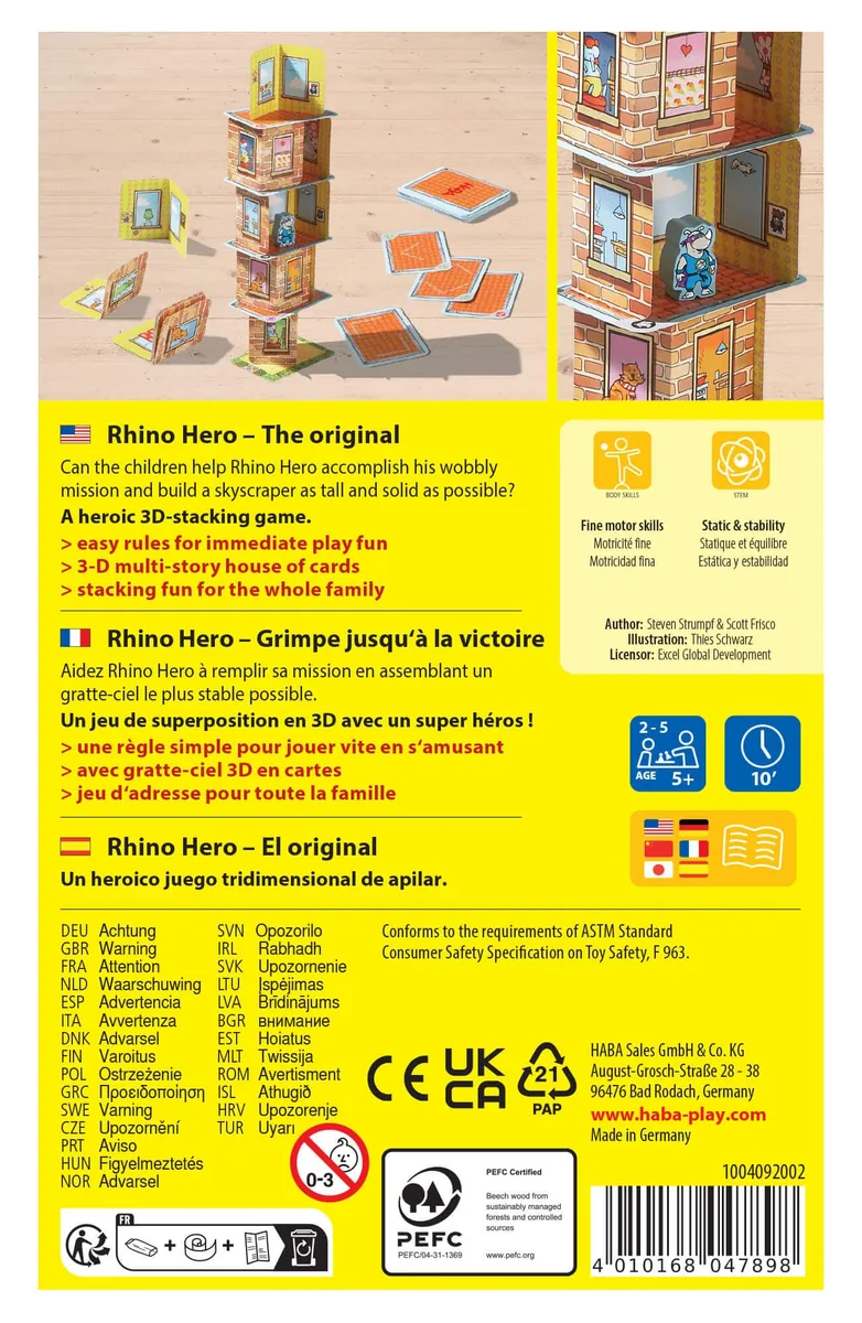 Back of the Rhino Hero box, with a short game overview and safety notes
