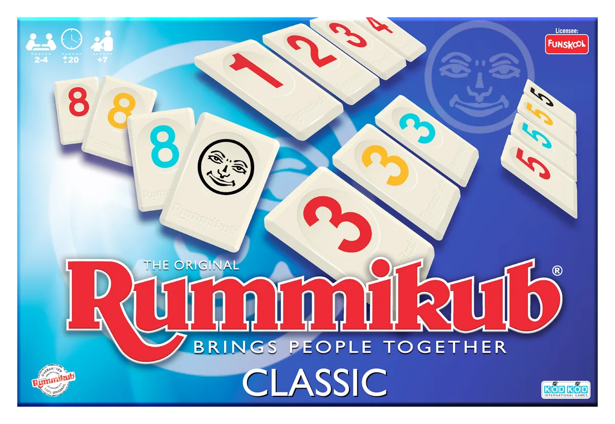 The blue Funskool Rummikub Classic box with numbered tiles on the front