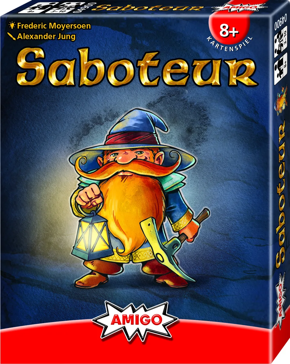 AMIGO's Saboteur box: a bearded dwarf with a lantern and pickaxe on a dark blue background (German edition shown)