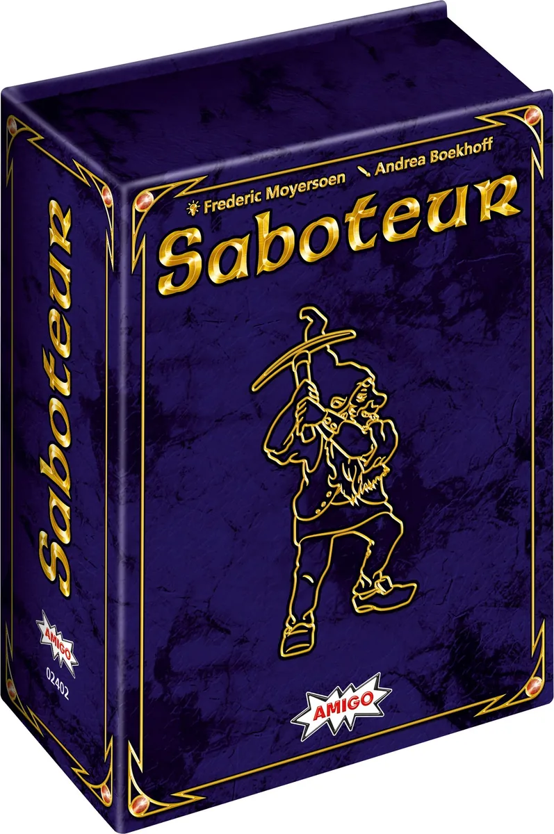 The dark blue 20th-anniversary Saboteur box with a gold outline of a miner
