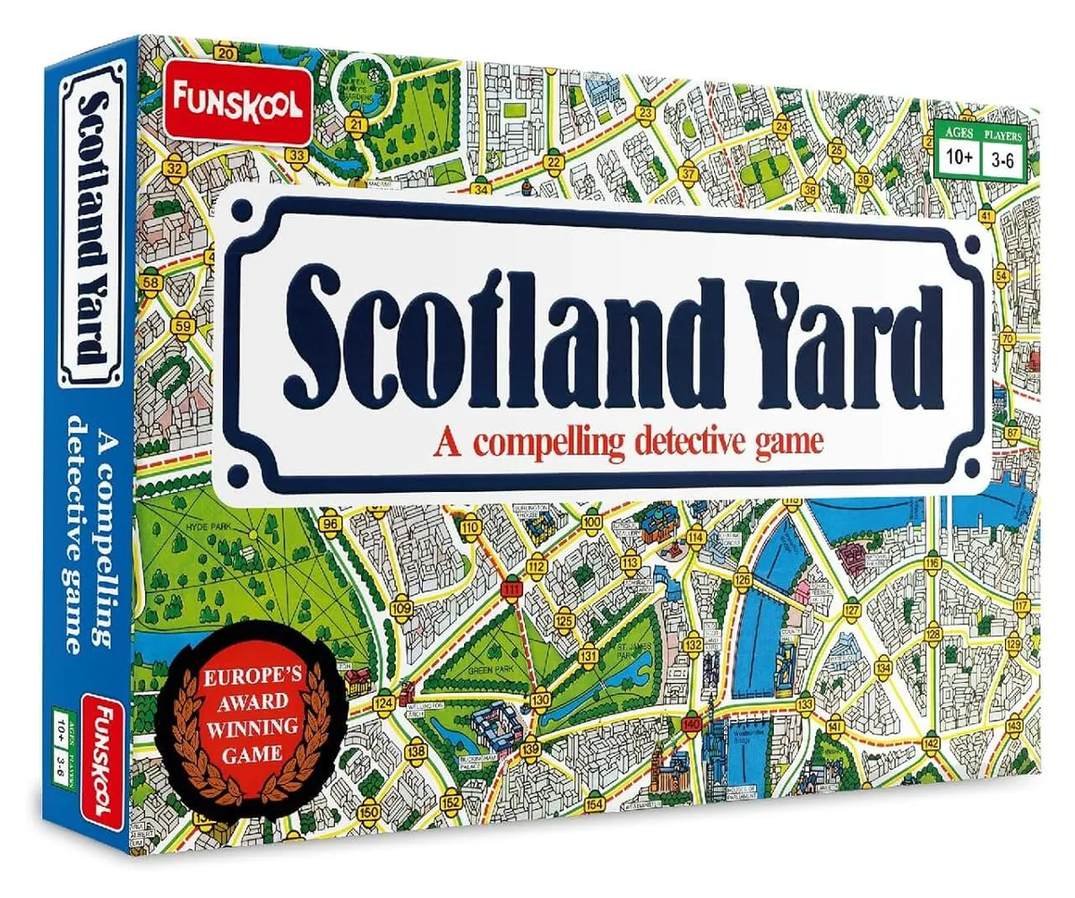 The Funskool Scotland Yard box, angled, with the London street map on the front