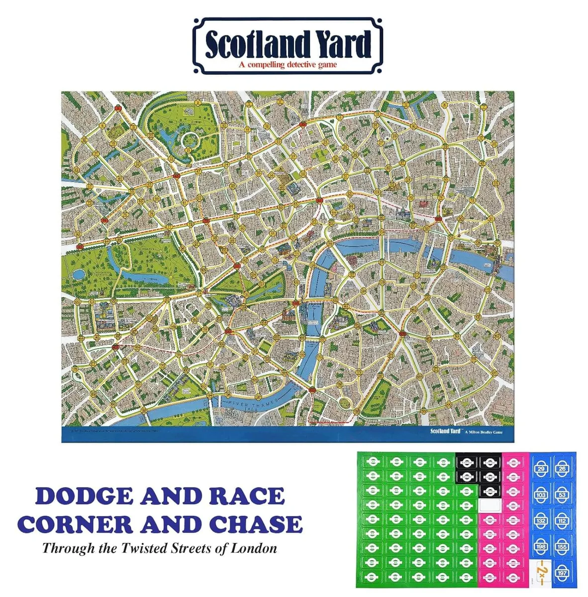 The Scotland Yard board, a street map of London with numbered stations, beside rows of coloured fare tickets