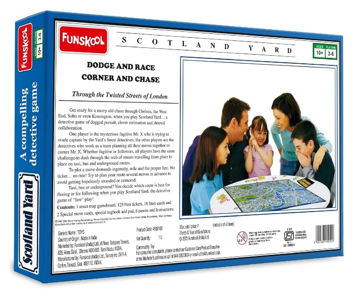 Back of the Funskool Scotland Yard box, with a description of the game, the contents list and a family photo