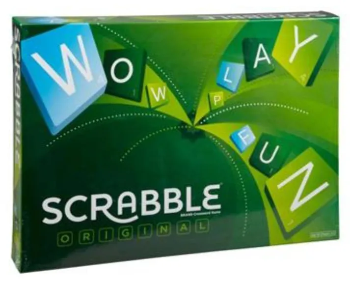 The green Scrabble Original box with tiles spelling WORD, PLAY and FUN