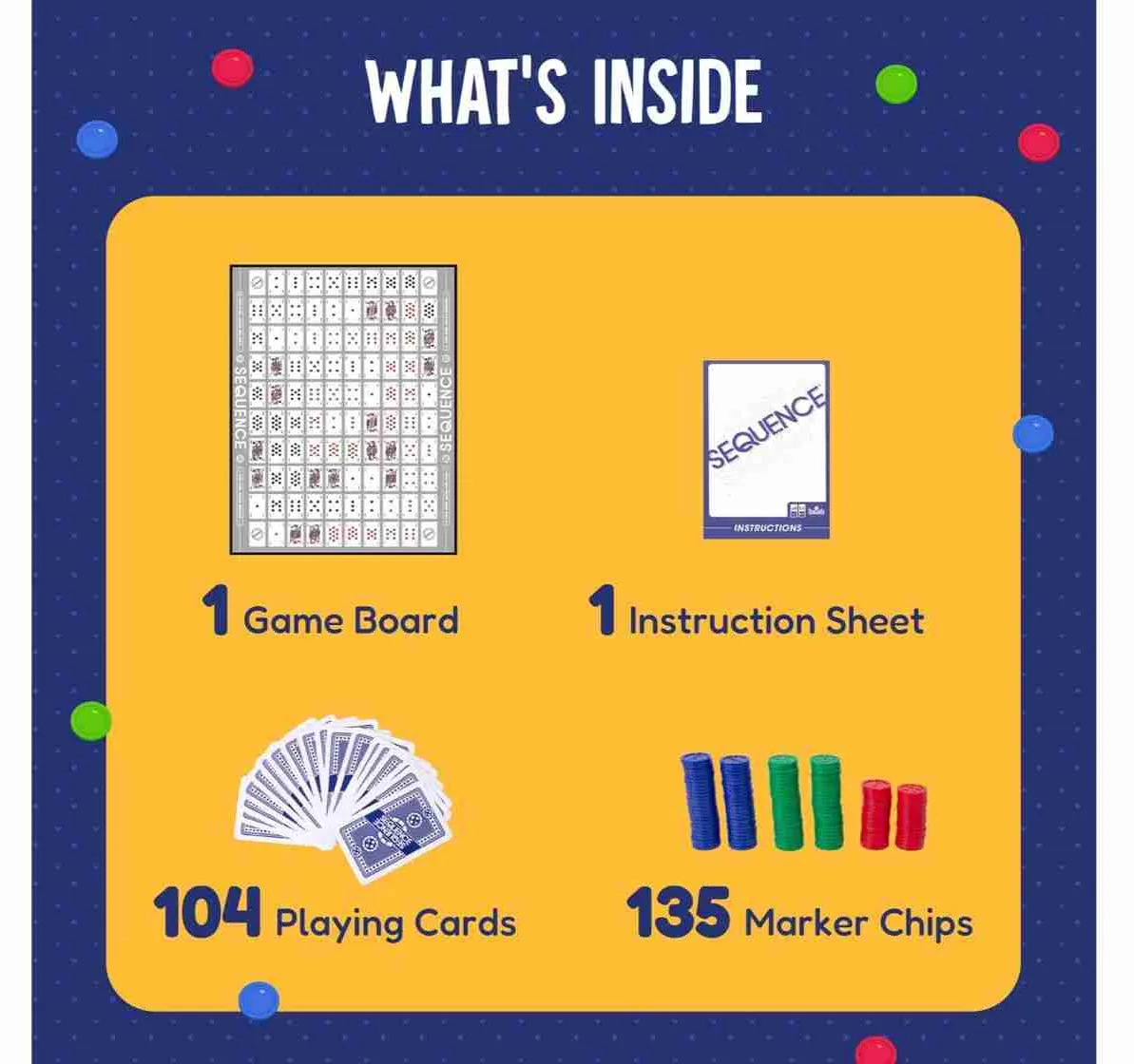 Funskool's 'What's inside' panel: 1 game board, 1 instruction sheet, 104 playing cards and 135 marker chips