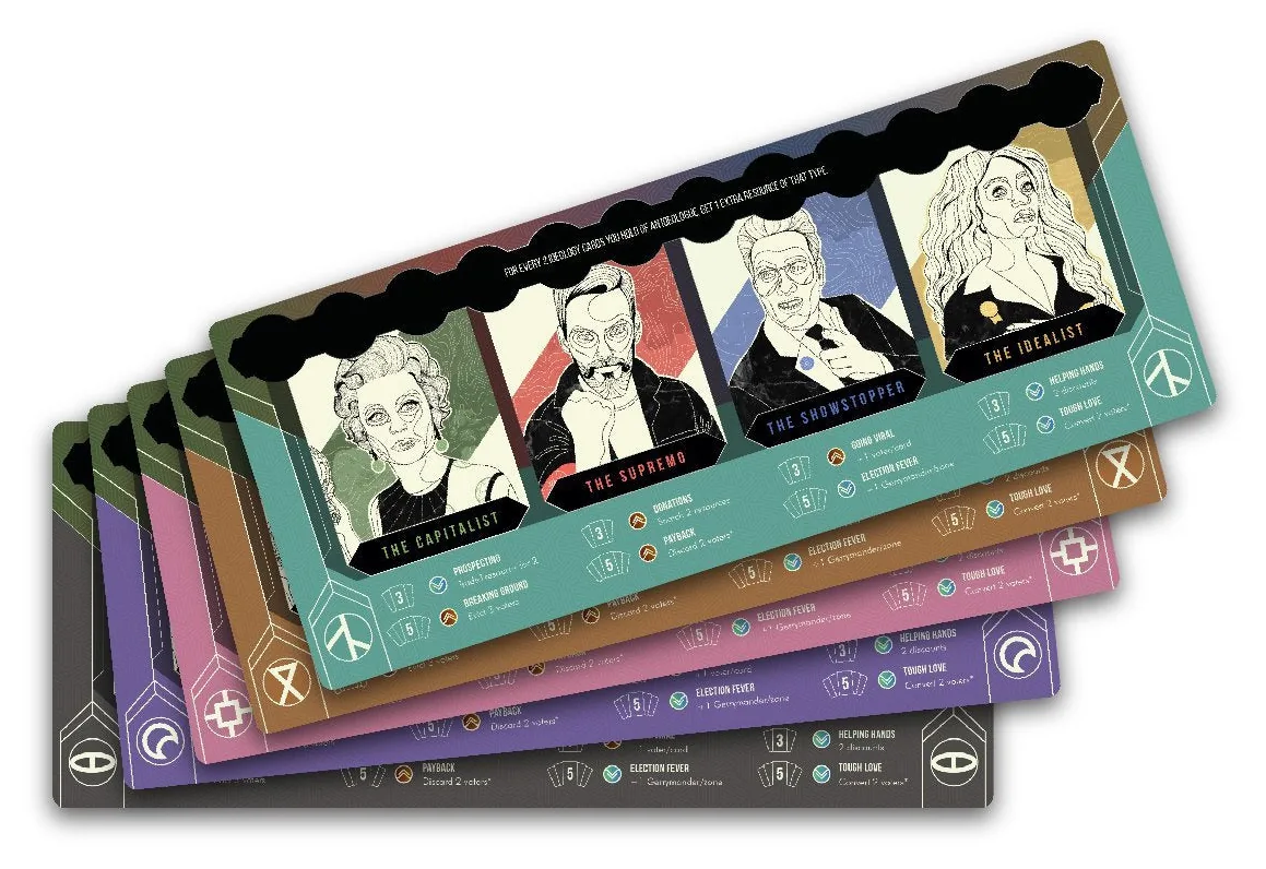The five SHASN player mats, one in each player colour, fanned out