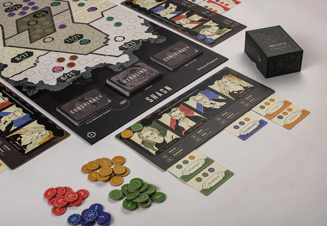 Close-up of the SHASN board with resource tokens and a player mat beside it