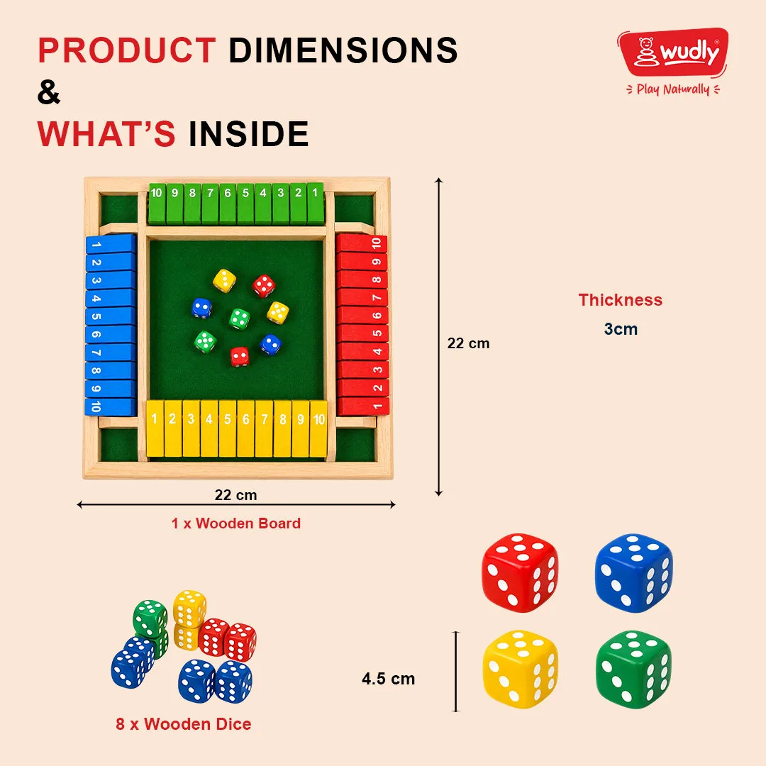 Wudly's picture of what is inside: one wooden board 22 cm square with tiles 1 to 10 on each side, and eight dice in four colours