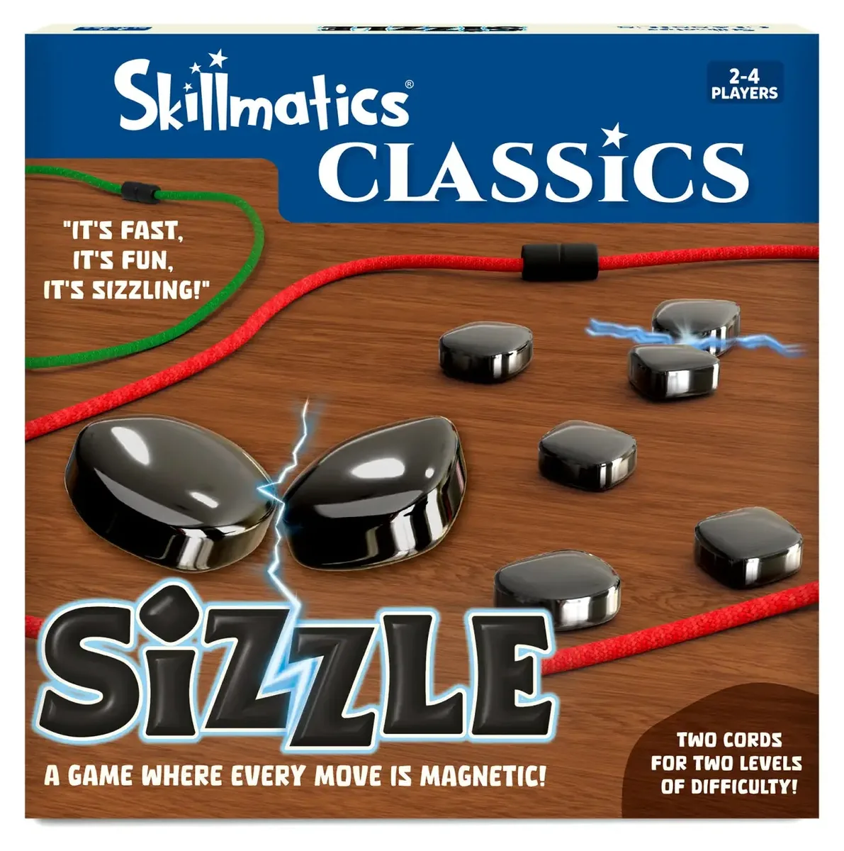 The Sizzle box from the Skillmatics Classics range, showing black magnets inside a cord loop