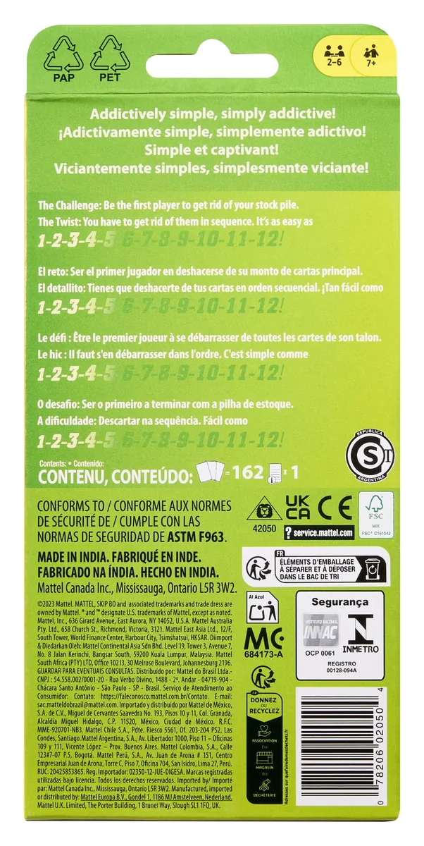The back of Mattel's Skip-Bo box, with the rules in four languages and the line 'Made in India'