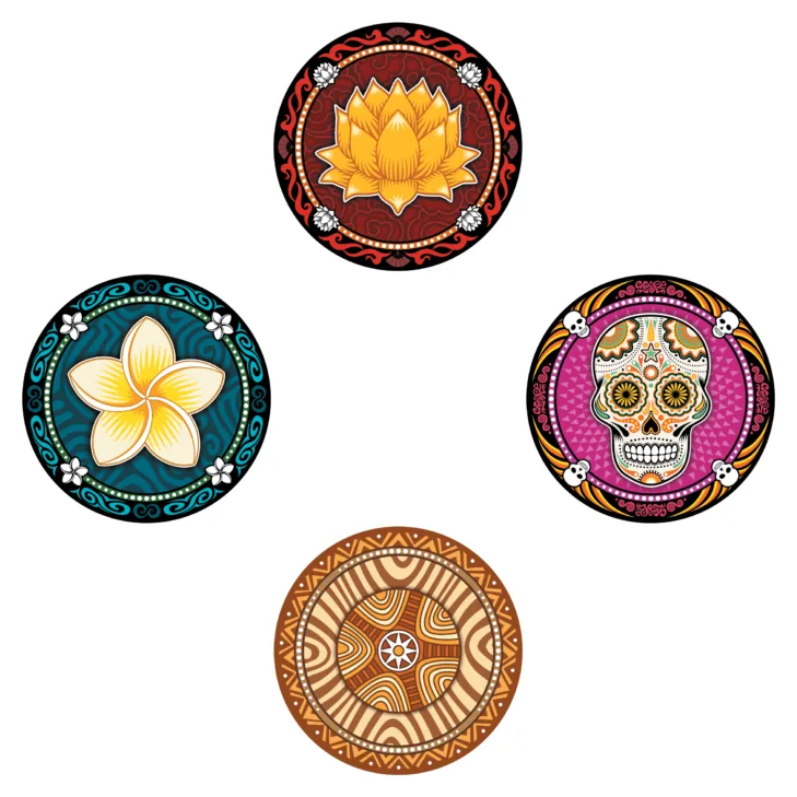 Four Skull discs: three flowers and one skull