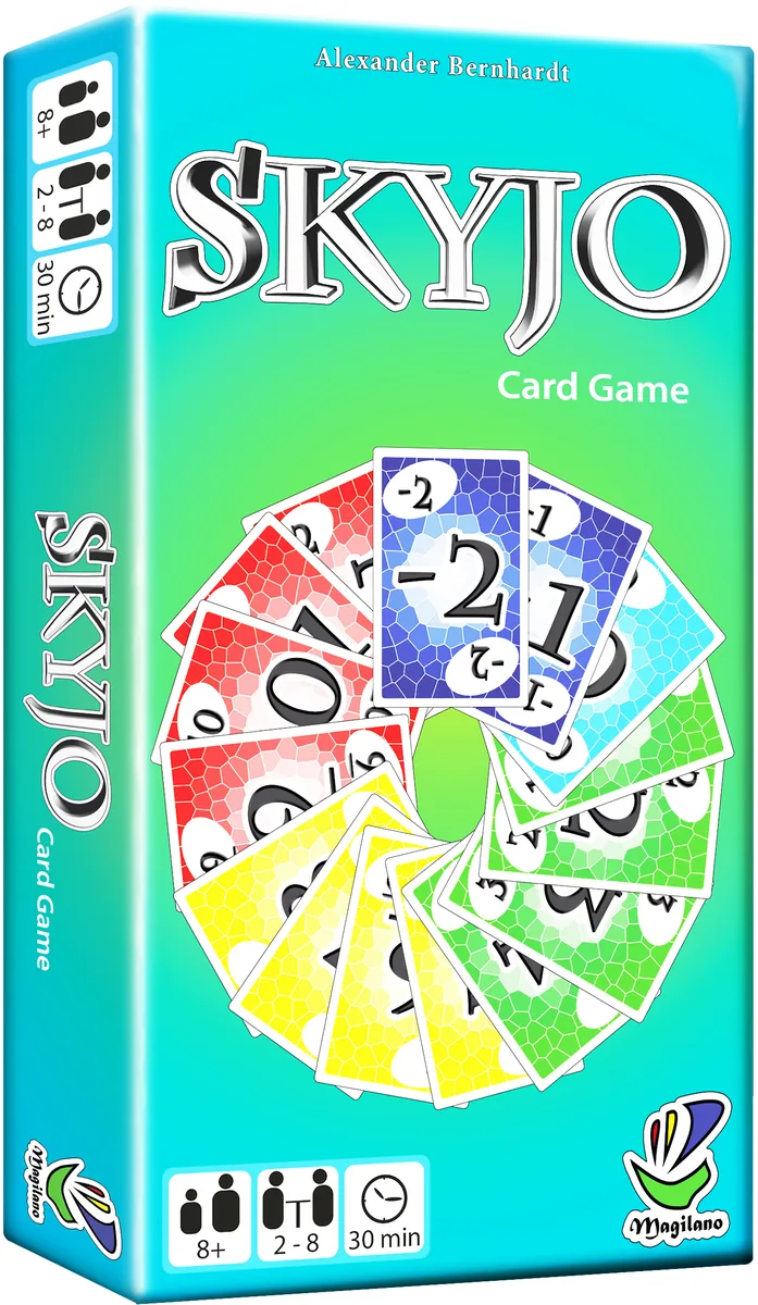 Magilano's SKYJO box: turquoise, with a fan of number cards in green, yellow, red and blue