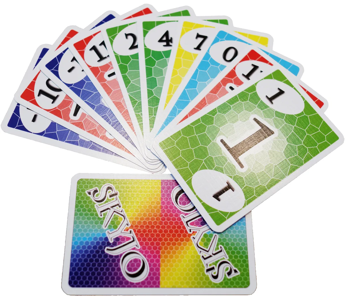 A fan of SKYJO number cards from -2 to 12 above a card back