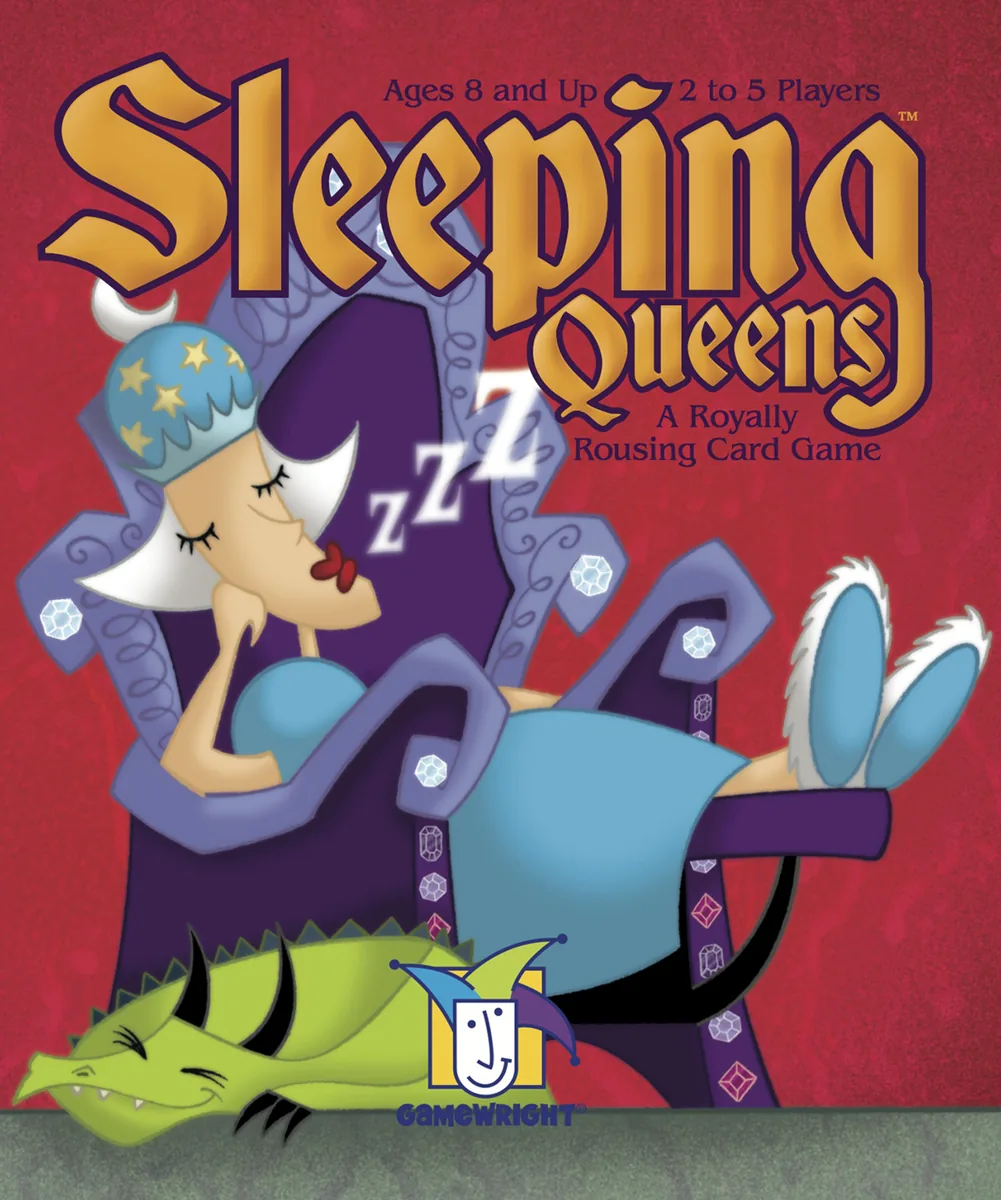 The Sleeping Queens box: a queen asleep in a purple armchair