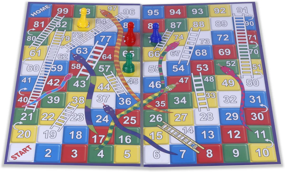 A snakes-and-ladders board numbered 1 to 100, with START at the bottom left and HOME at the top