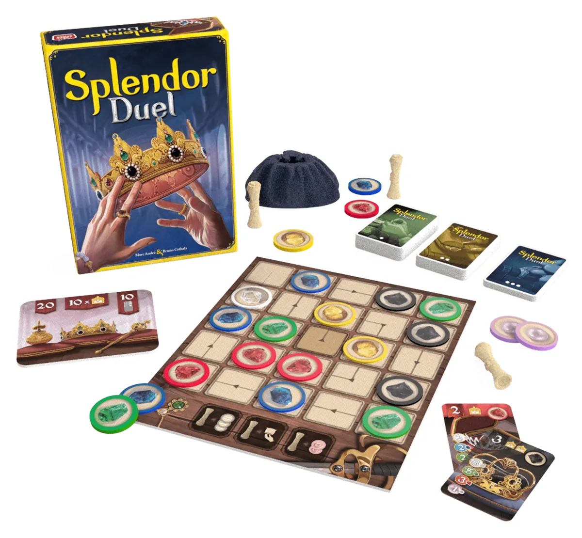 Splendor Duel set up for play: the gem board filled with tokens, the card pyramid and royal cards beside the box