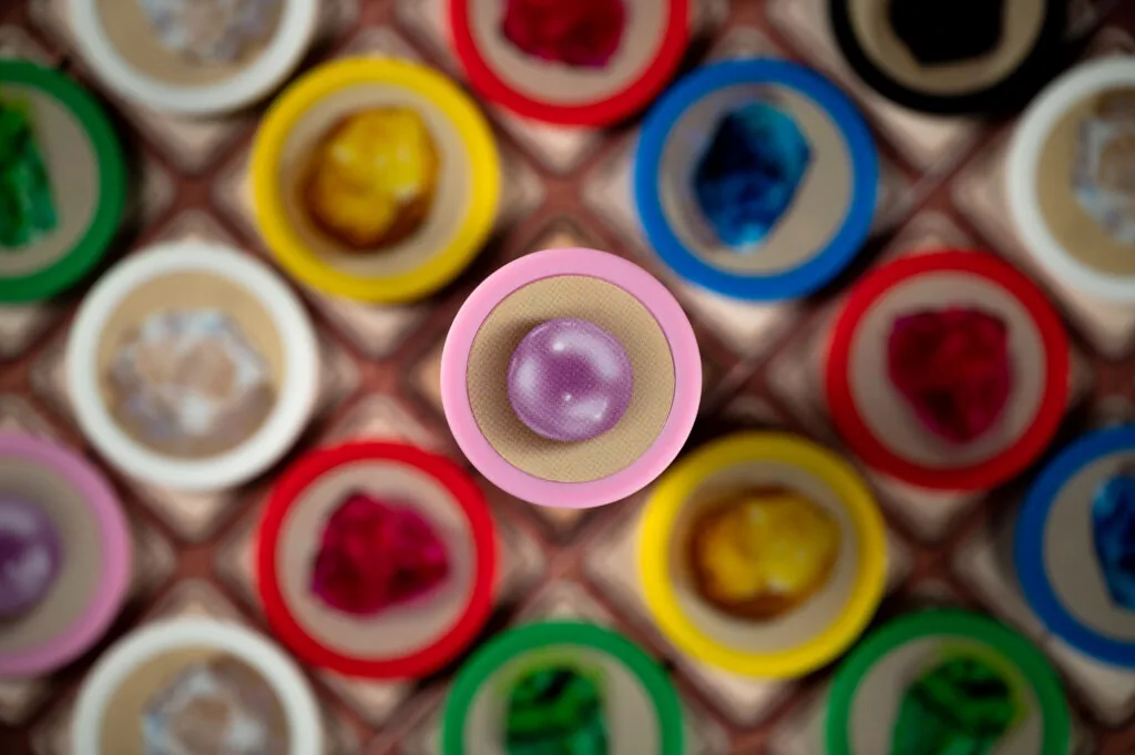 Gem tokens on the board seen from above, with a pink pearl in the middle