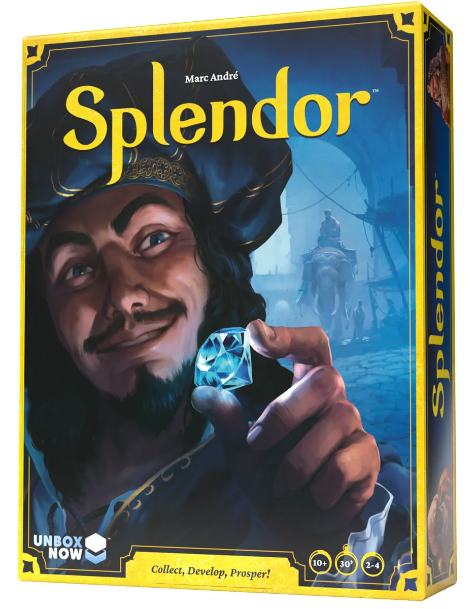 The Splendor box: a smiling merchant in a turban holding up a blue gem, with the gold Splendor title
