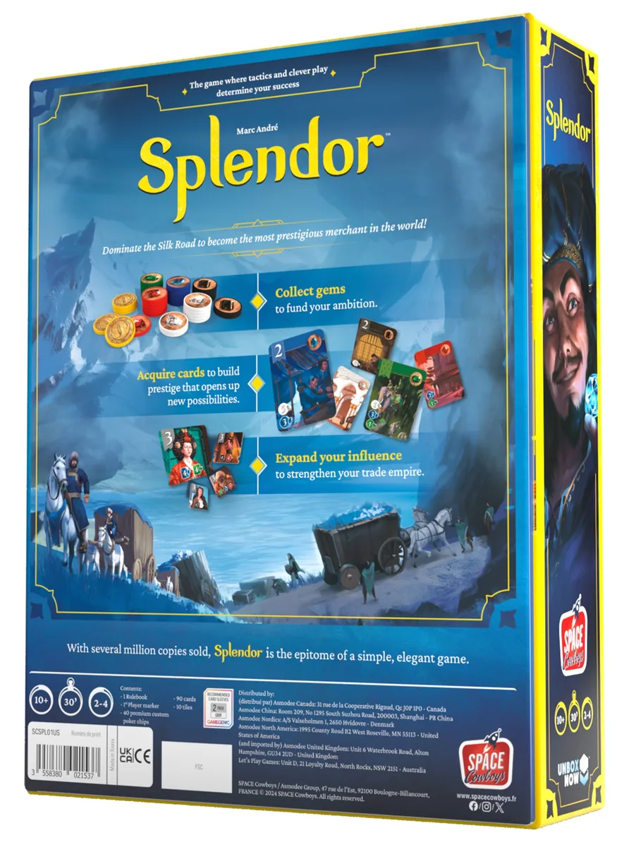 The back of the Splendor box, explaining how to collect gems, buy cards and attract nobles