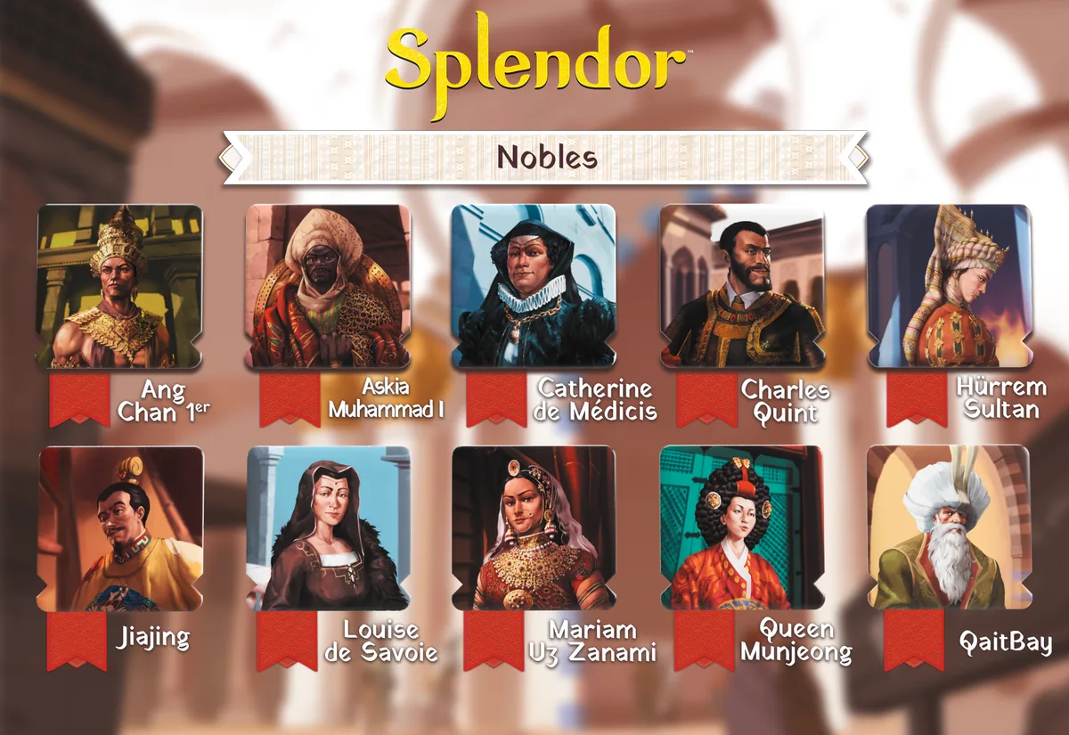 The ten noble tiles, each with a portrait of a historical figure