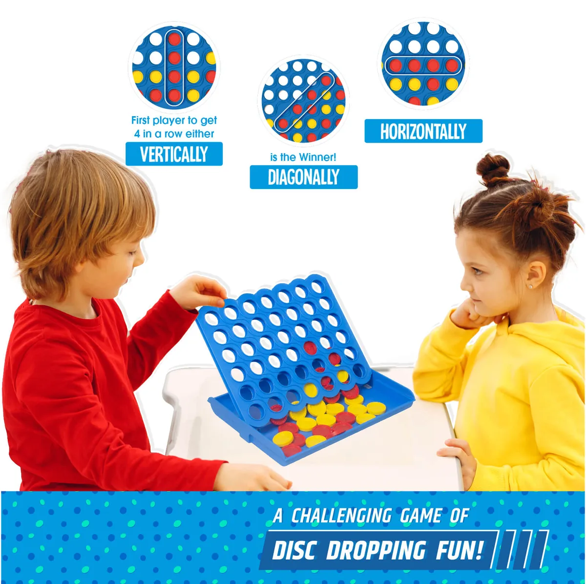 A boy and a girl playing Strike 4, the boy dropping a disc into the upright blue grid
