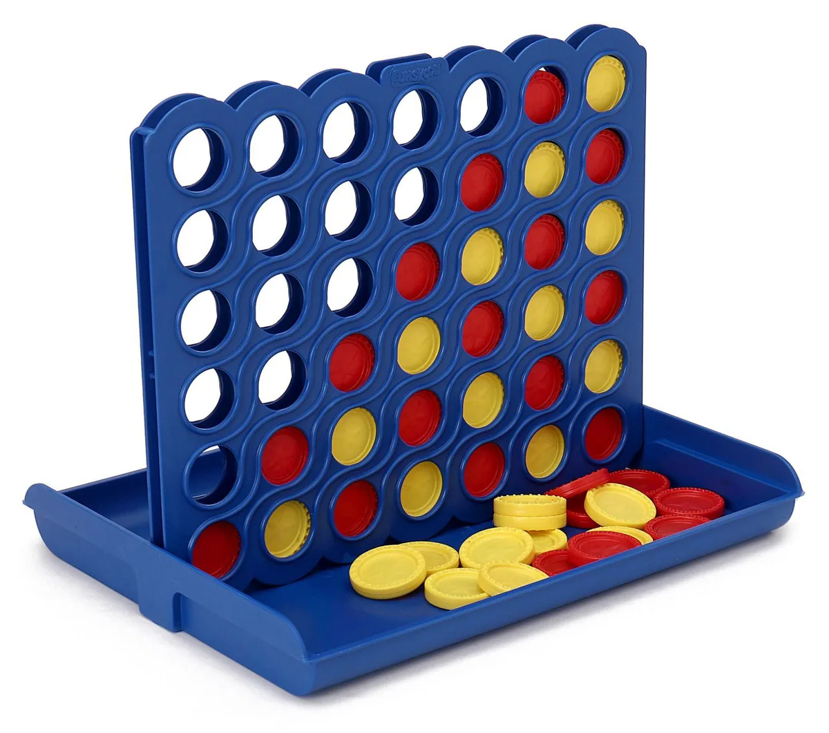 The Strike 4 grid standing in its tray, part filled with red and yellow discs, with spare discs in front