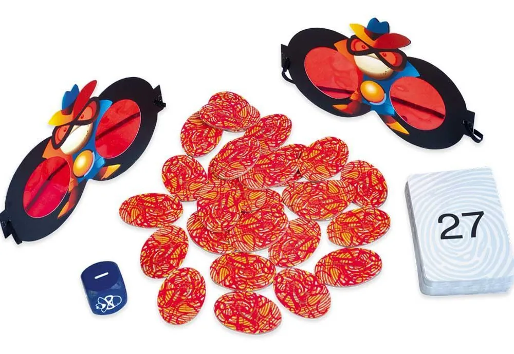 The Super Math Spy parts: decoder glasses, red fingerprint number tokens, a wooden die and a mission card showing 27