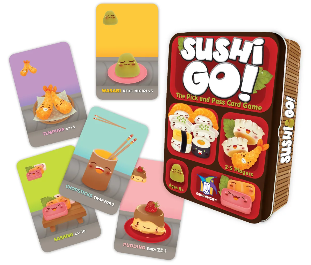 Sushi Go! cards such as wasabi, nigiri and pudding fanned out next to the tin