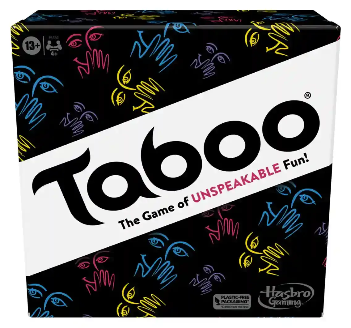 The black Classic Taboo box with colourful patterns and the words 'The Game of Unspeakable Fun'