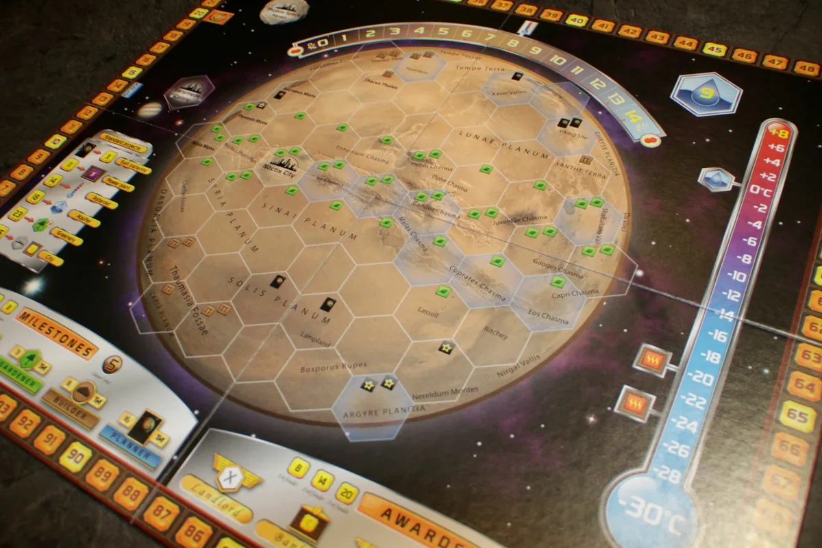 The Terraforming Mars board with the oxygen and temperature tracks around Mars