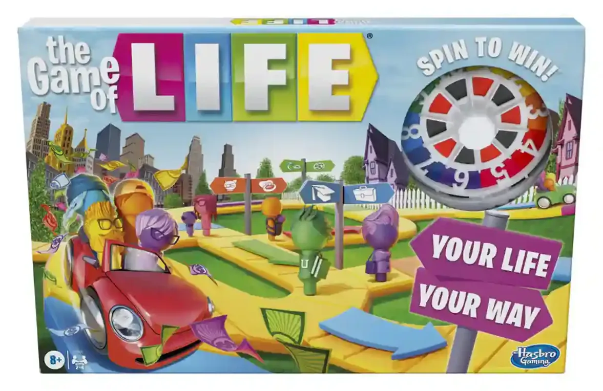 The Game of Life box with its colourful board, spinner and little cars