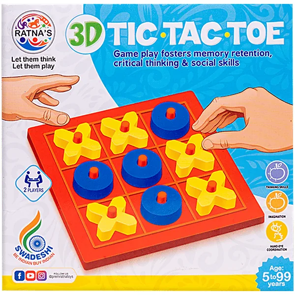 The Ratna's 3D Tic Tac Toe box, showing two hands placing yellow crosses and blue zeros on a red board