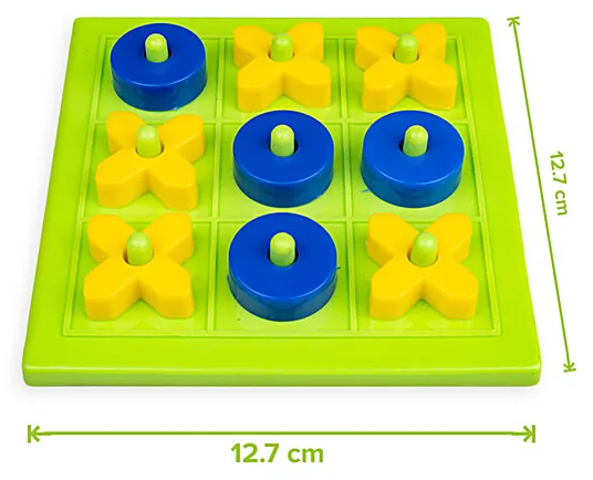 A full green board with five yellow crosses and four blue zeros, marked 12.7 cm on each side