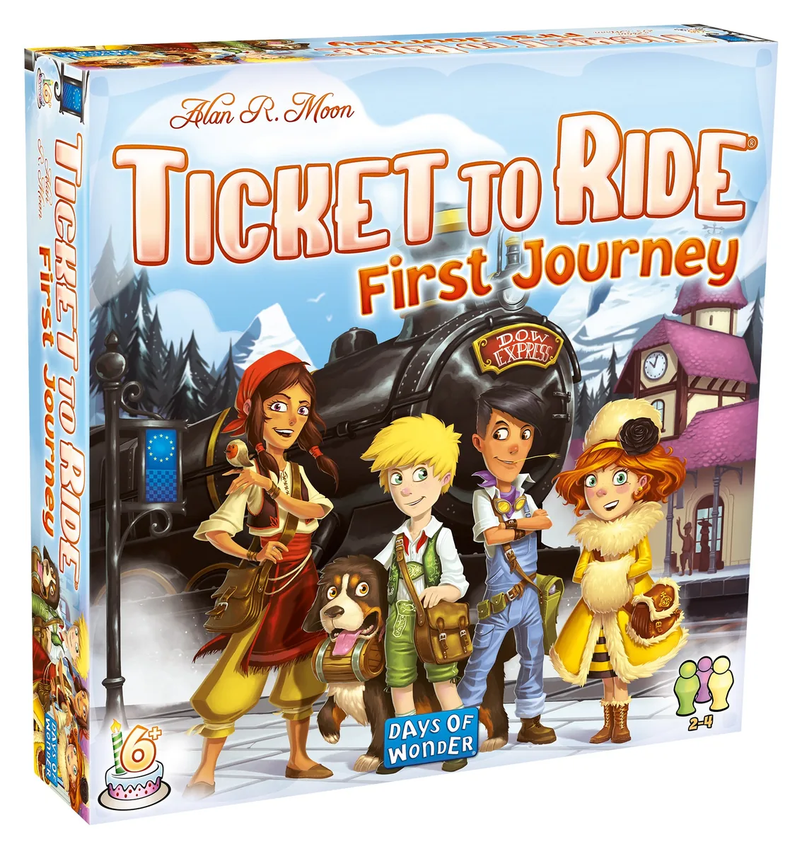 Front of the Ticket to Ride: First Journey box with the Europe map, showing cartoon children and a train