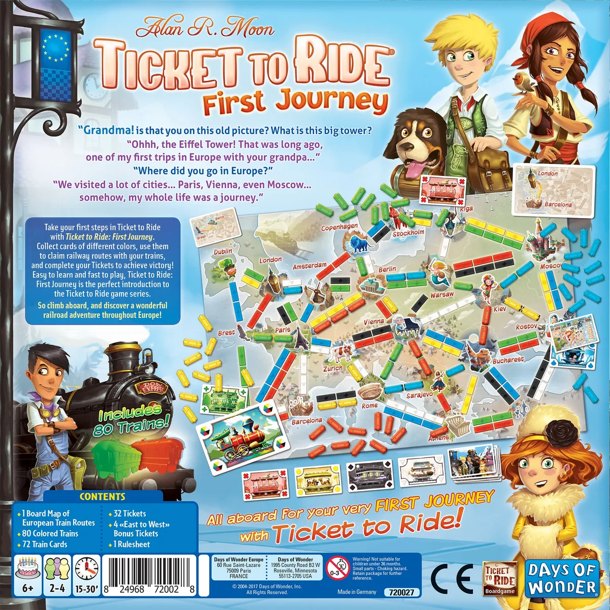 Back of the First Journey box, with a game overview and a photo of the contents