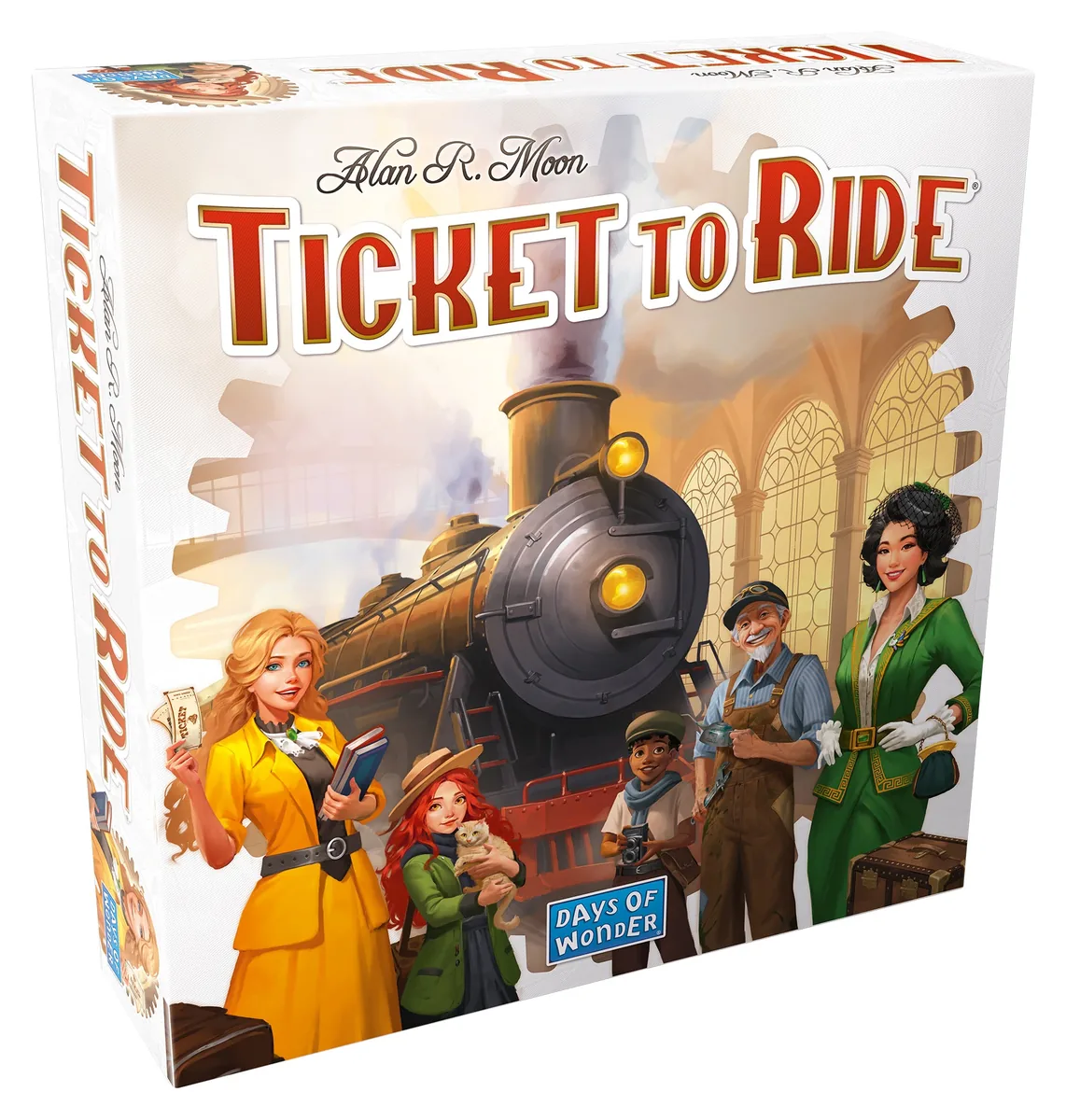 The Ticket to Ride box: a steam locomotive and five smiling travellers in front of a station, with the title in red