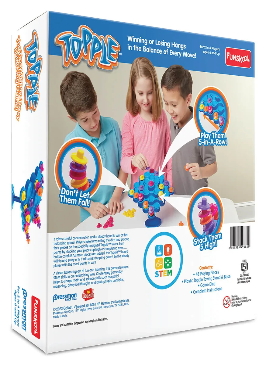 Back of the Topple box, with children playing and pictures of the ways to score