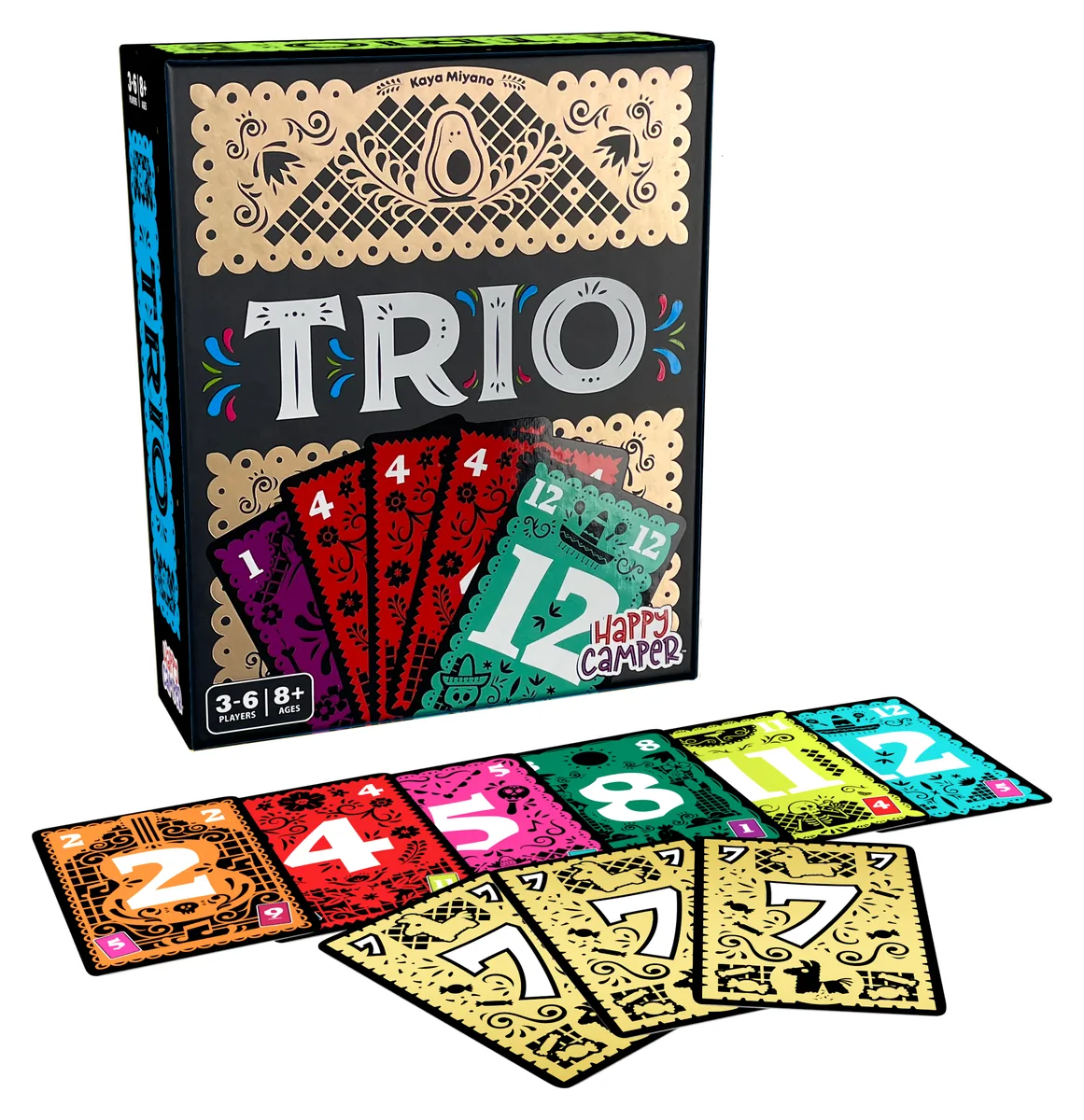 Happy Camper's Trio box with papel-picado style art, and a fan of colourful number cards in front of it