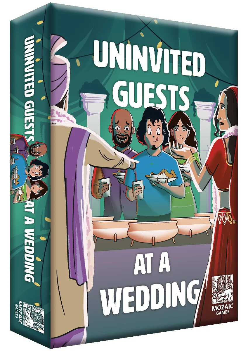 The Uninvited Guests at a Wedding box from Mozaic Games, with a crowd of wedding guests on the front