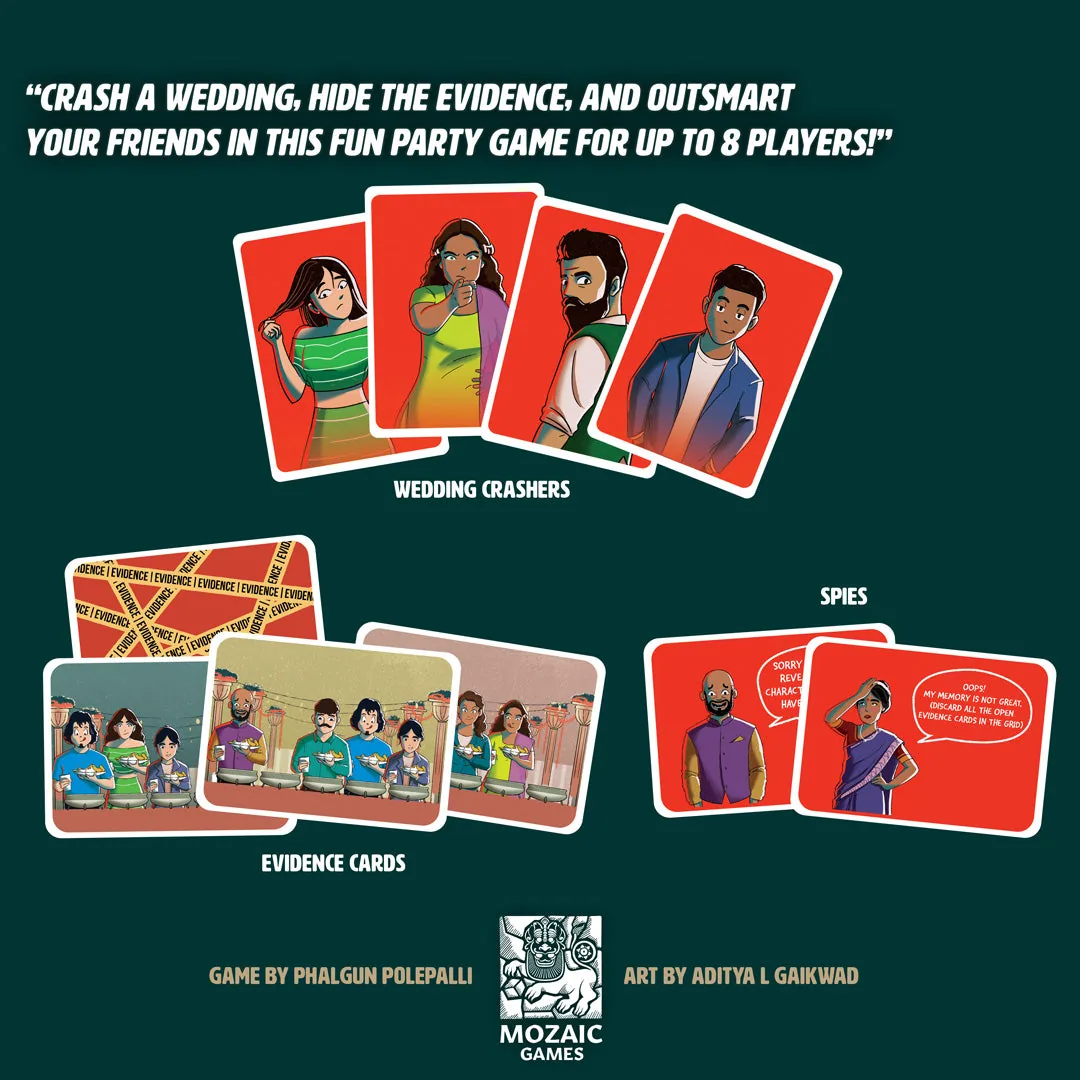 A spread of Uninvited Guests at a Wedding cards on a dark green background