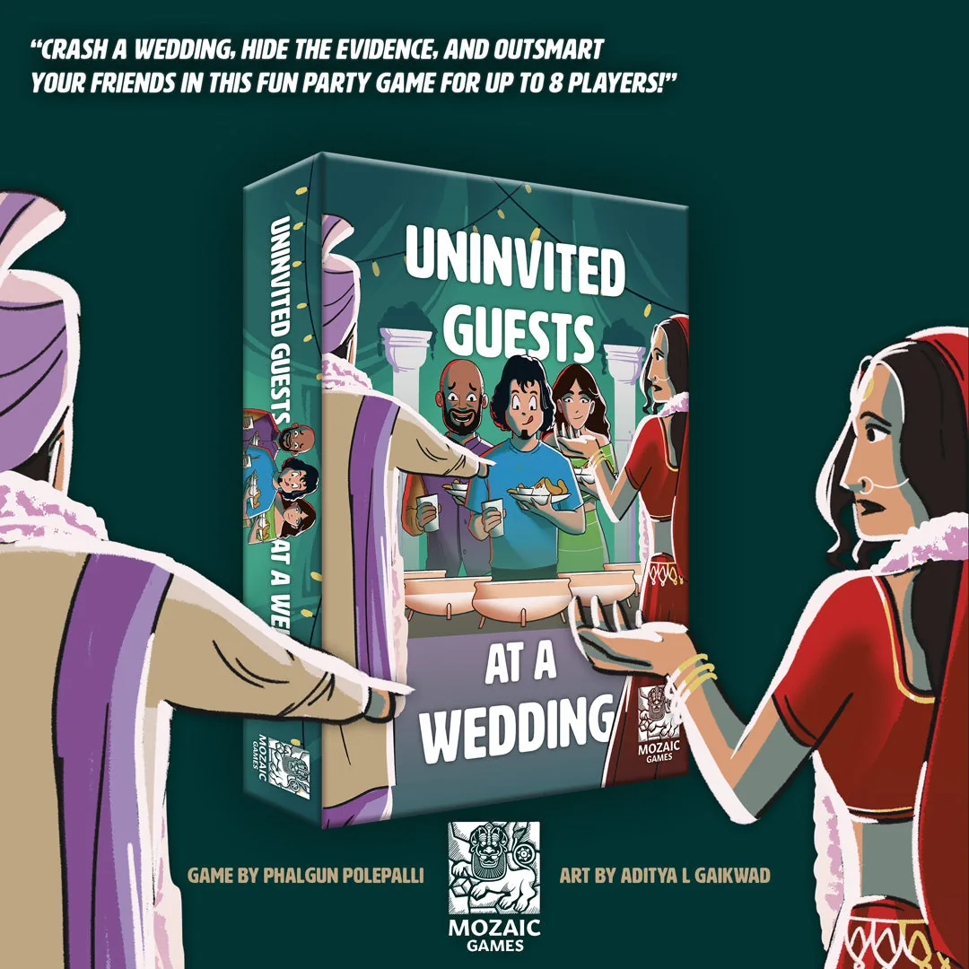 The Uninvited Guests at a Wedding box with cards beside it, on a publisher graphic