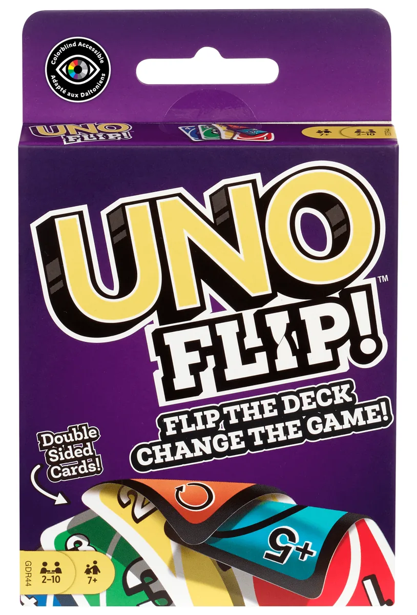 Mattel's UNO Flip! pack: purple, with the UNO Flip! logo and 'Flip the deck, change the game!'