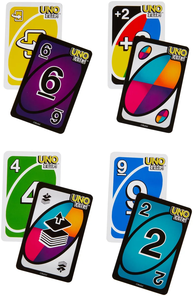 Four UNO Flip cards shown with both sides: each white-bordered Light Side card has a black-bordered Dark Side behind it
