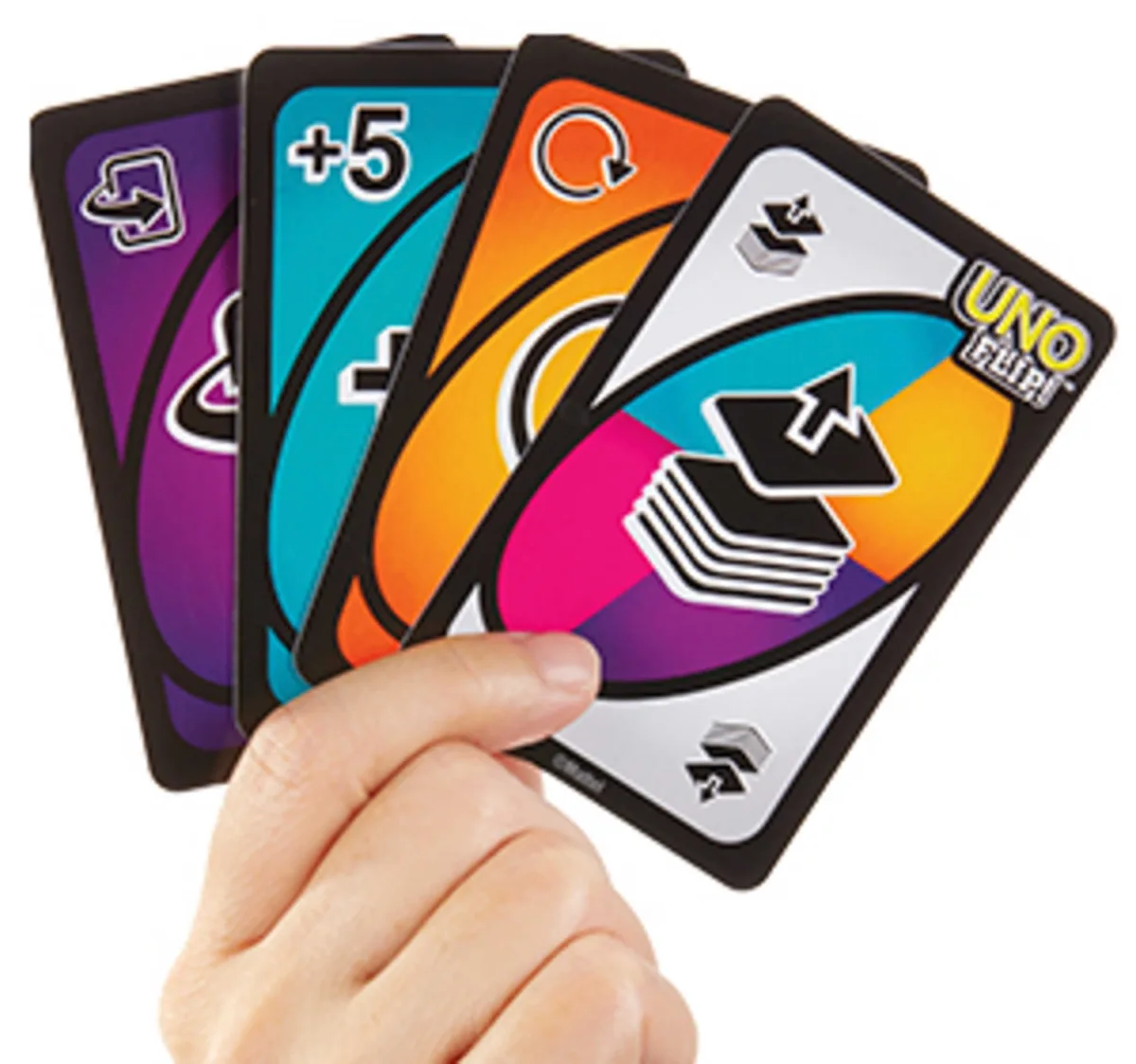 A hand holding Dark Side cards, including a +5 and a Flip card