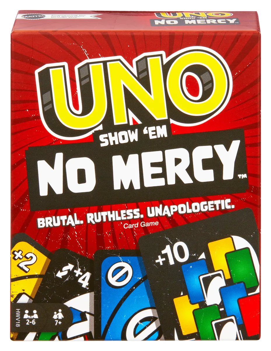 Mattel's UNO Show 'em No Mercy box: red, with the UNO logo, 'No Mercy' in white and a fan of +2, +4, 0 and +10 cards