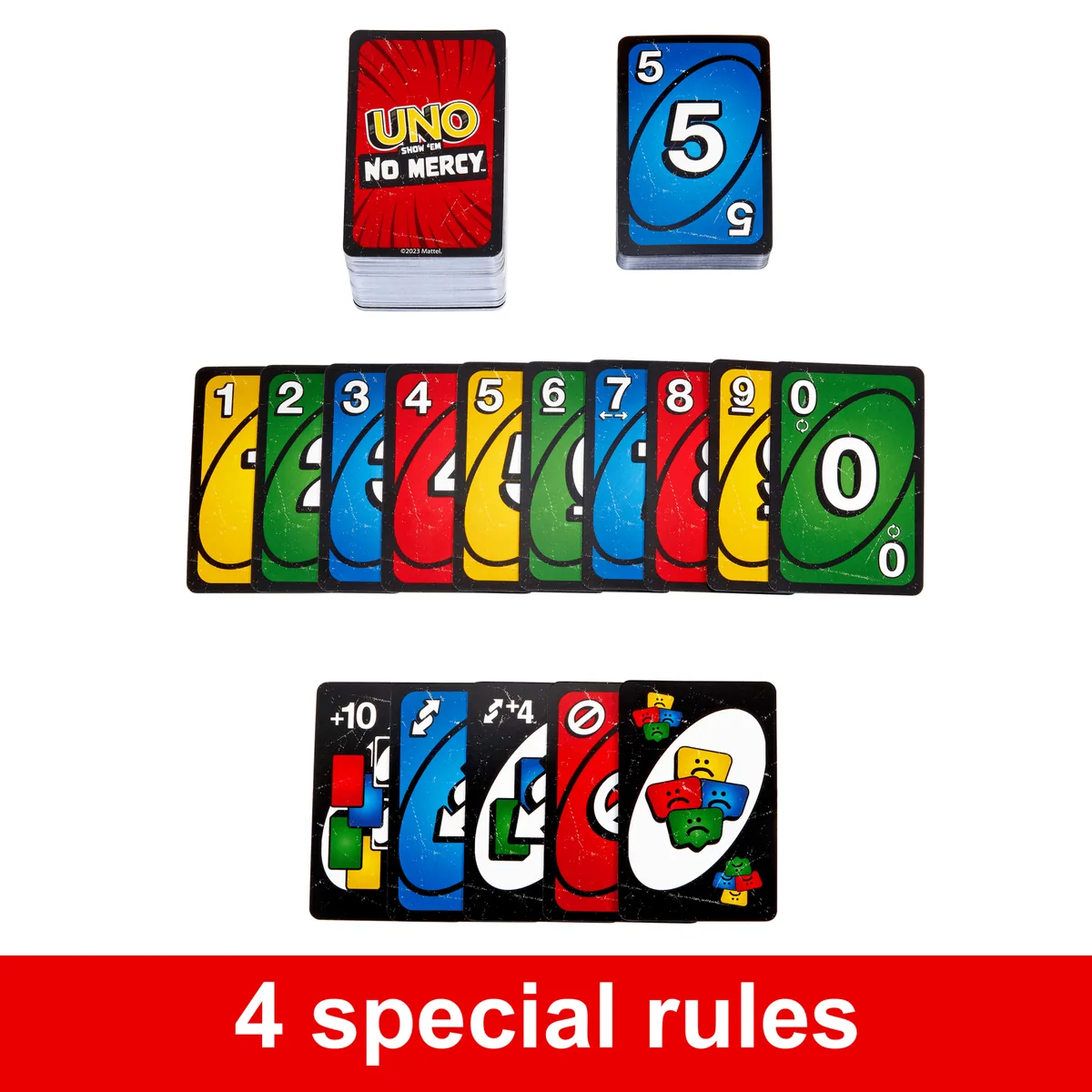 UNO No Mercy cards laid out: the deck, a row of number cards and a row of black action cards (Mattel graphic)