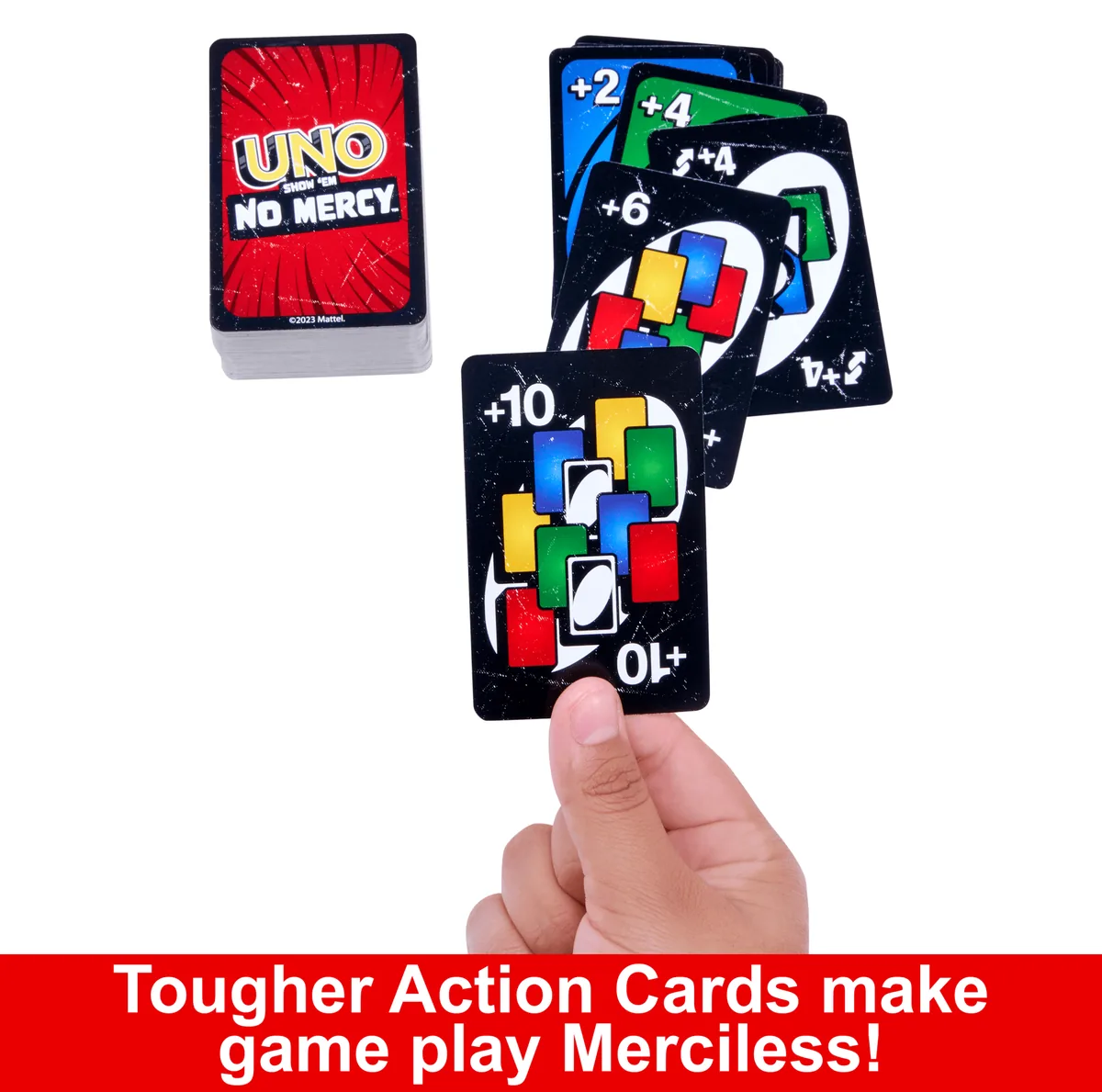 A hand holding up a Wild Draw 10 card beside the No Mercy deck and a fan of draw cards (Mattel graphic)